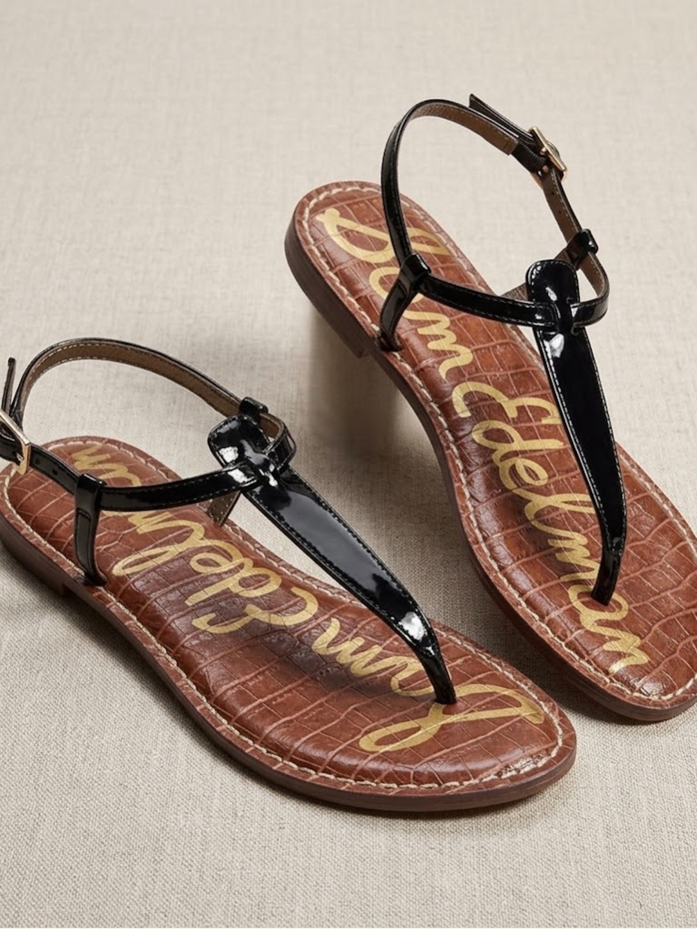 Sam Edelman Gigi Black Patent T-Strap Thong Sandals